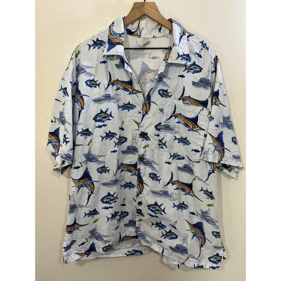 90s Camp Button Up Shirt 2XL Marlin Fish Boat Fisherman Resort Vacation Resort - Picture 1 of 11